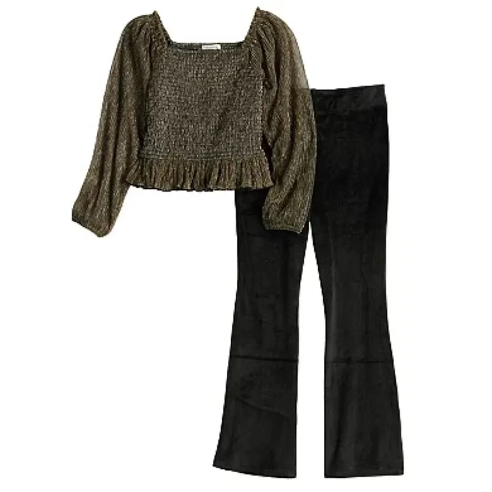 Girls 10-12 Eyeshadow 2-Piece Smocked Top and Velour Pants Set